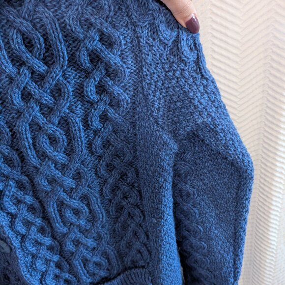 Aran Crafts Irish Merino Wool Cardigan Blue Cable Knit Coastal Fisherman Large - Picture 10 of 12